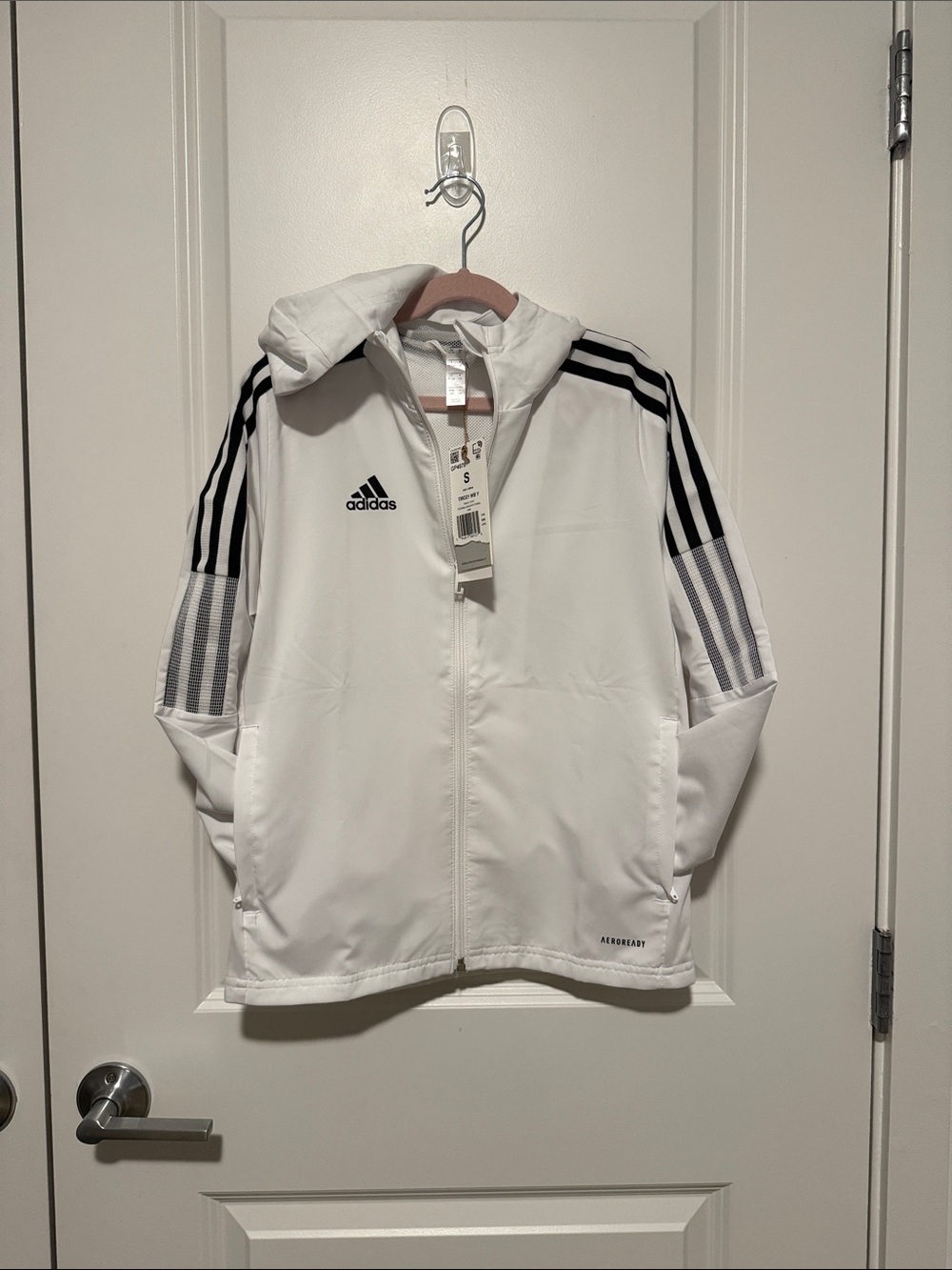 adidas White Hooded Track Jacket with Black Stripes